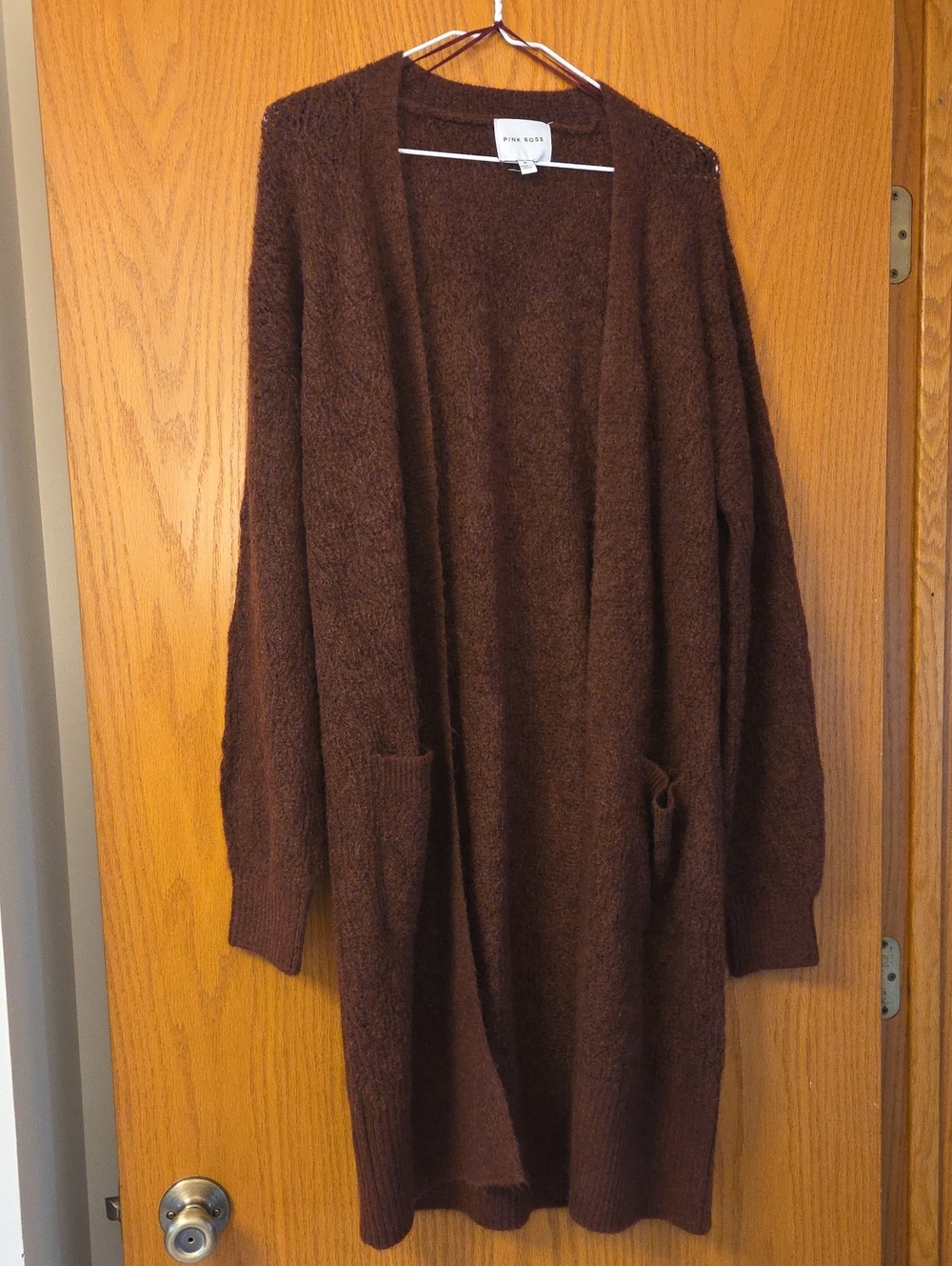 Pink Rose Long Brown Open-Front Women's Cardigan